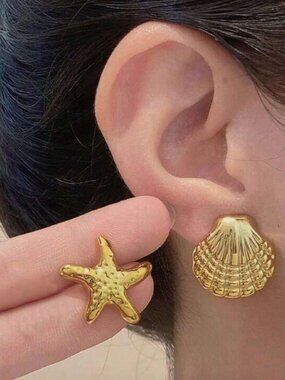 4 set Gold Sea & Star Stud Earring Set - Women's Fashion Earrings